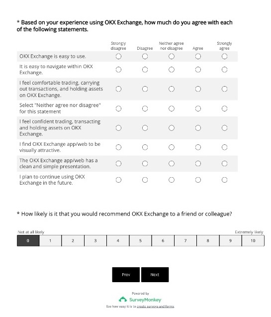 OKX UX benchmark survey — SUPR-Q agreement and NPS questions
