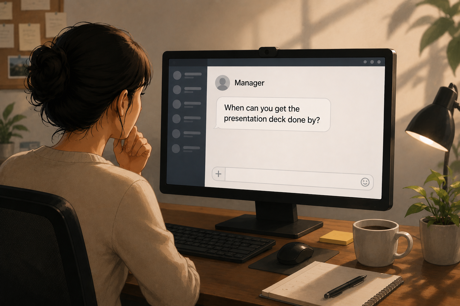A person at their desk reading an ambiguous instant message from their manager that says: When can you get the presentation deck done by?